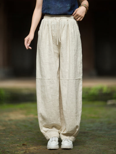 Solid Color Ramie Washed Versatile Elastic Waist Harem Pants