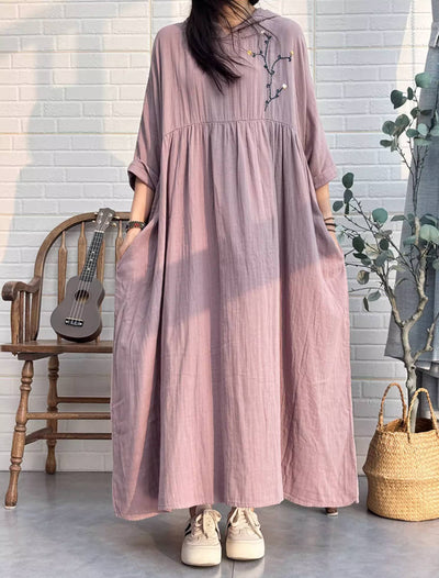 Retro Cotton Embroidered Plus Size Loose Hoodies Dress With Pockets