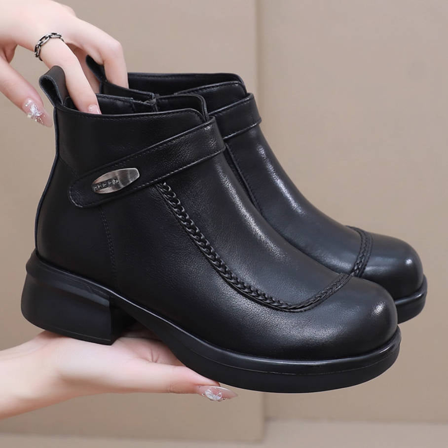 Genuine Leather Versatile Chunky Soft Sole Ankle Boots