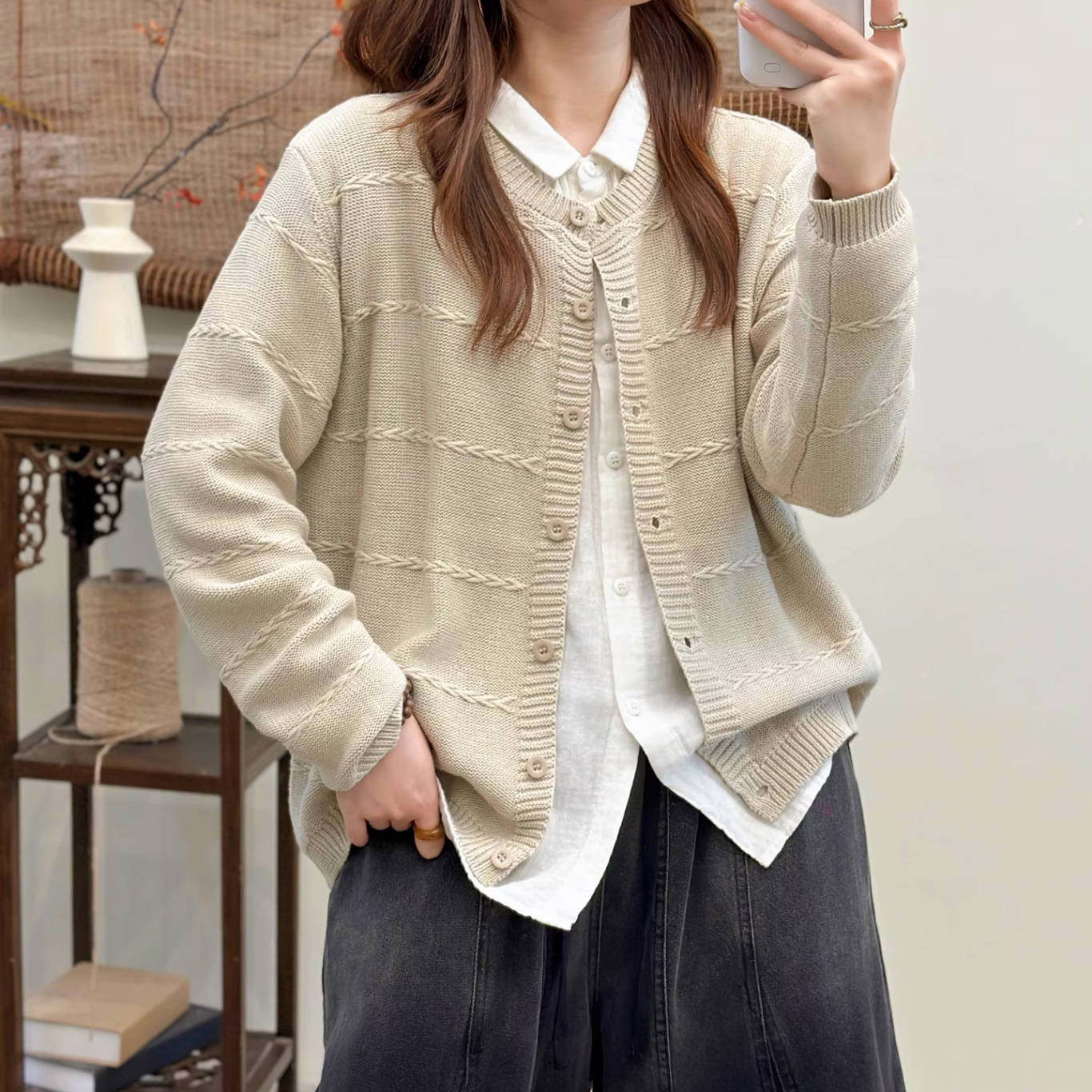 Cotton Warm Long Sleeves Casual Round Neck Cardigans
