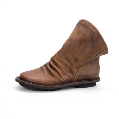 Retro Leather Stacked Heel Boots Top Grain Cowhide Ankle Boots