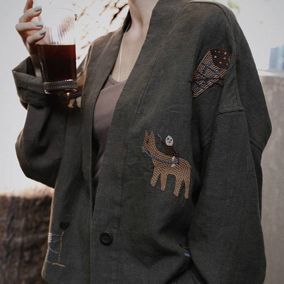 Autumn Linen Embroidered V-Neck Loose Casual Cute Coat