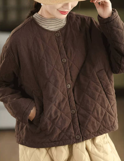 100% Linen Round Neck Single-Breasted Plaid Fleece-Lined Coat