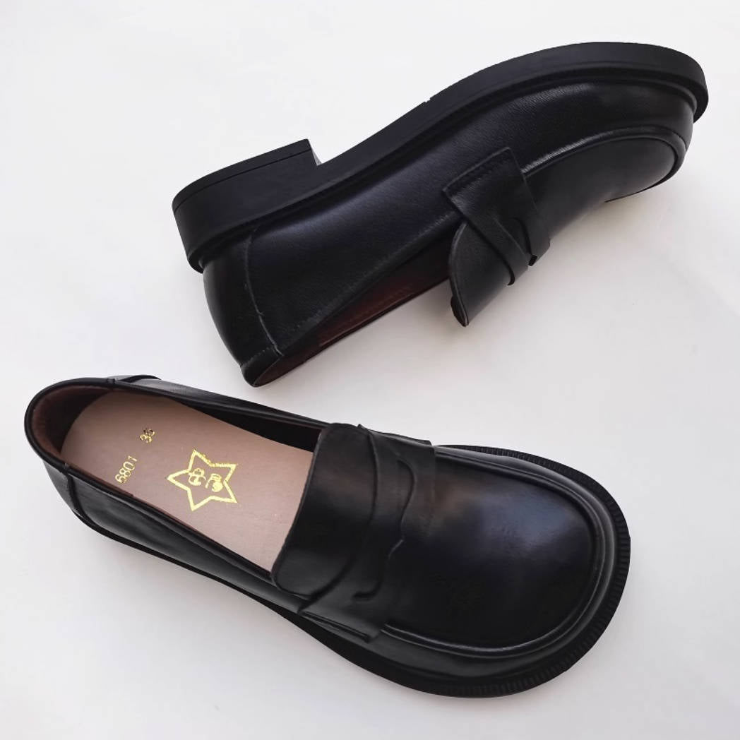 Ballerines rétro en cuir véritable, bout rond large, semelle souple, à enfiler