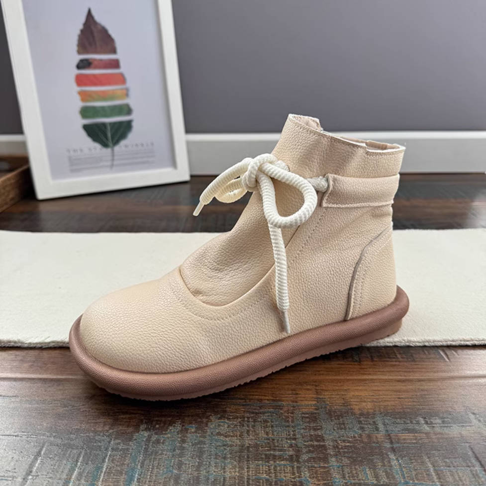 Women Retro Leather Round Toe Lace-Up Zipper Ankle Boots