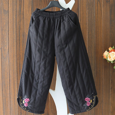 Women Winter Quilted Embroidered Warm Cotton Linen Straight-Leg Pants
