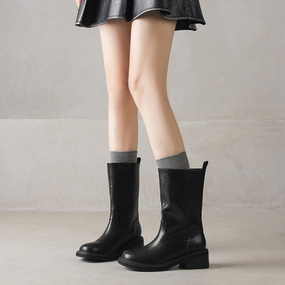 Genuine Leather Minimalist Washed Women Fur Lined Mid Calf Boots