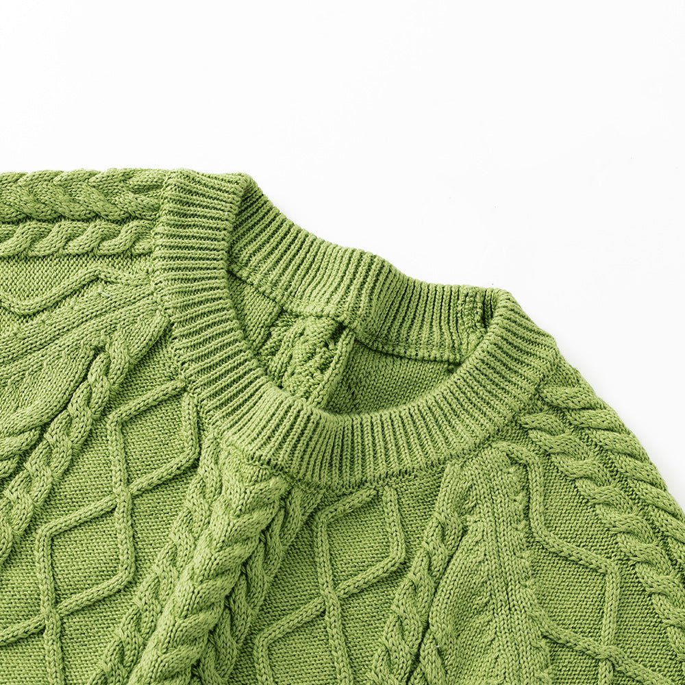 100% Cotton Solid Color Round Neck Cable-Knit Loose Sweater