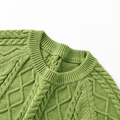 100% Cotton Solid Color Round Neck Cable-Knit Loose Sweater