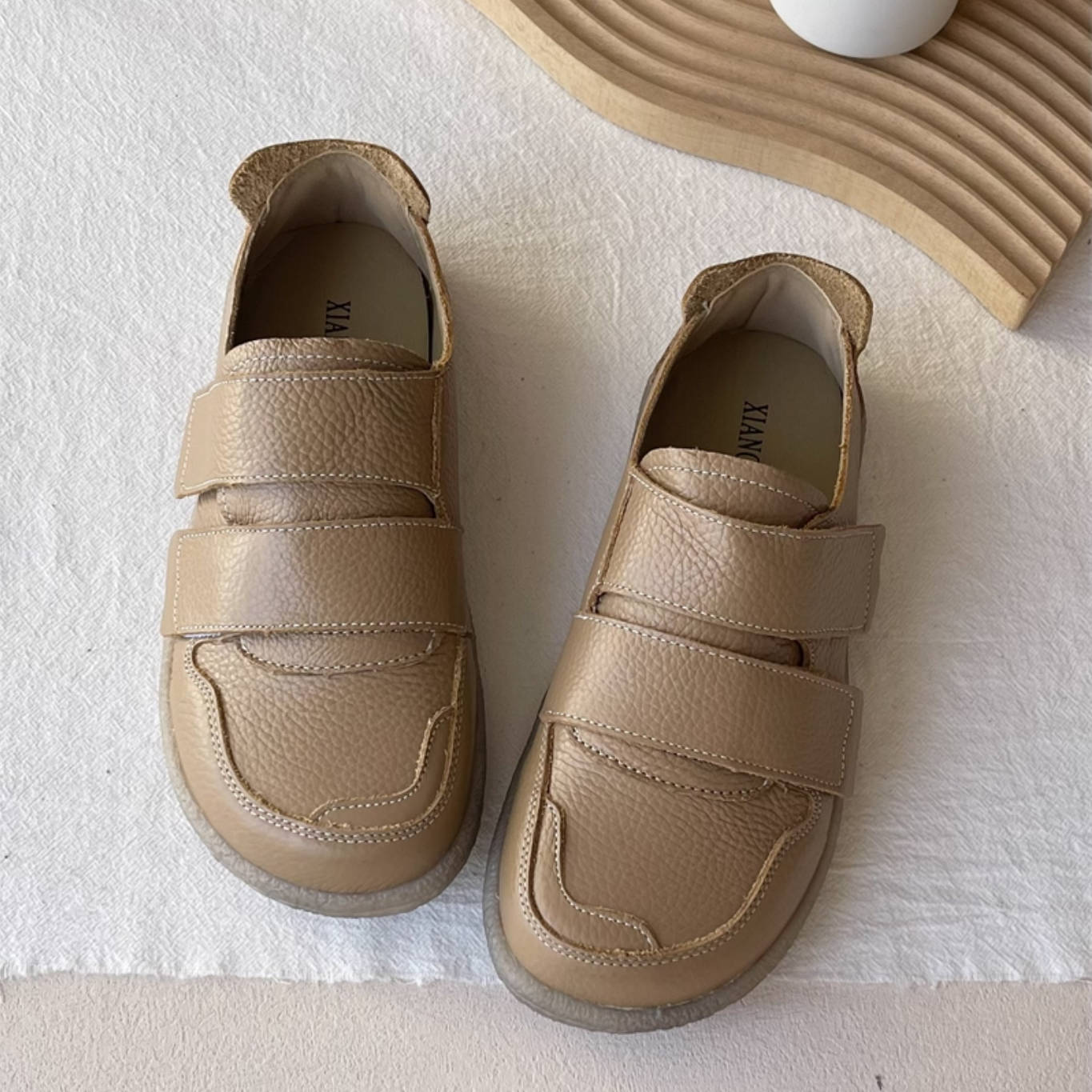 Retro Leather Round Toe Velcro Soft Flat Sole Slip-On Shoes