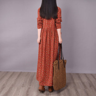 Retro Linen Stand Collar Floral Printed Casual A-Line Dress