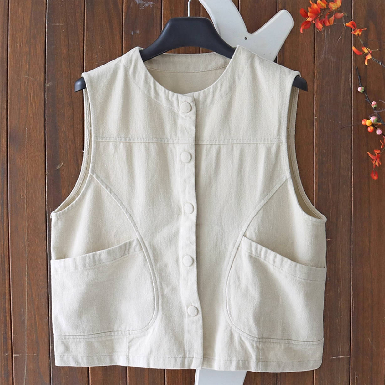 Round Neck Cotton Sleeveless Single-Breasted Loose Vest