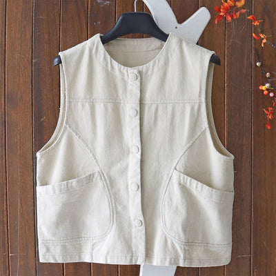 Round Neck Cotton Sleeveless Single-Breasted Loose Vest