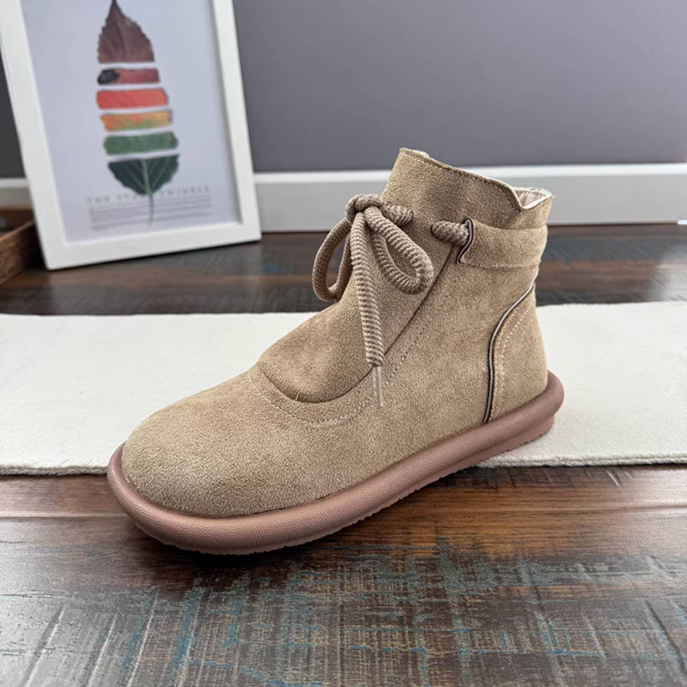 Women Retro Leather Round Toe Lace-Up Zipper Ankle Boots