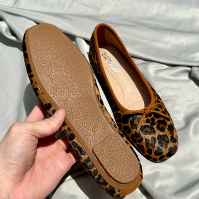 Genuine Leather Soft Sole Round Toe Leopard Print Ballet Flats Shoes