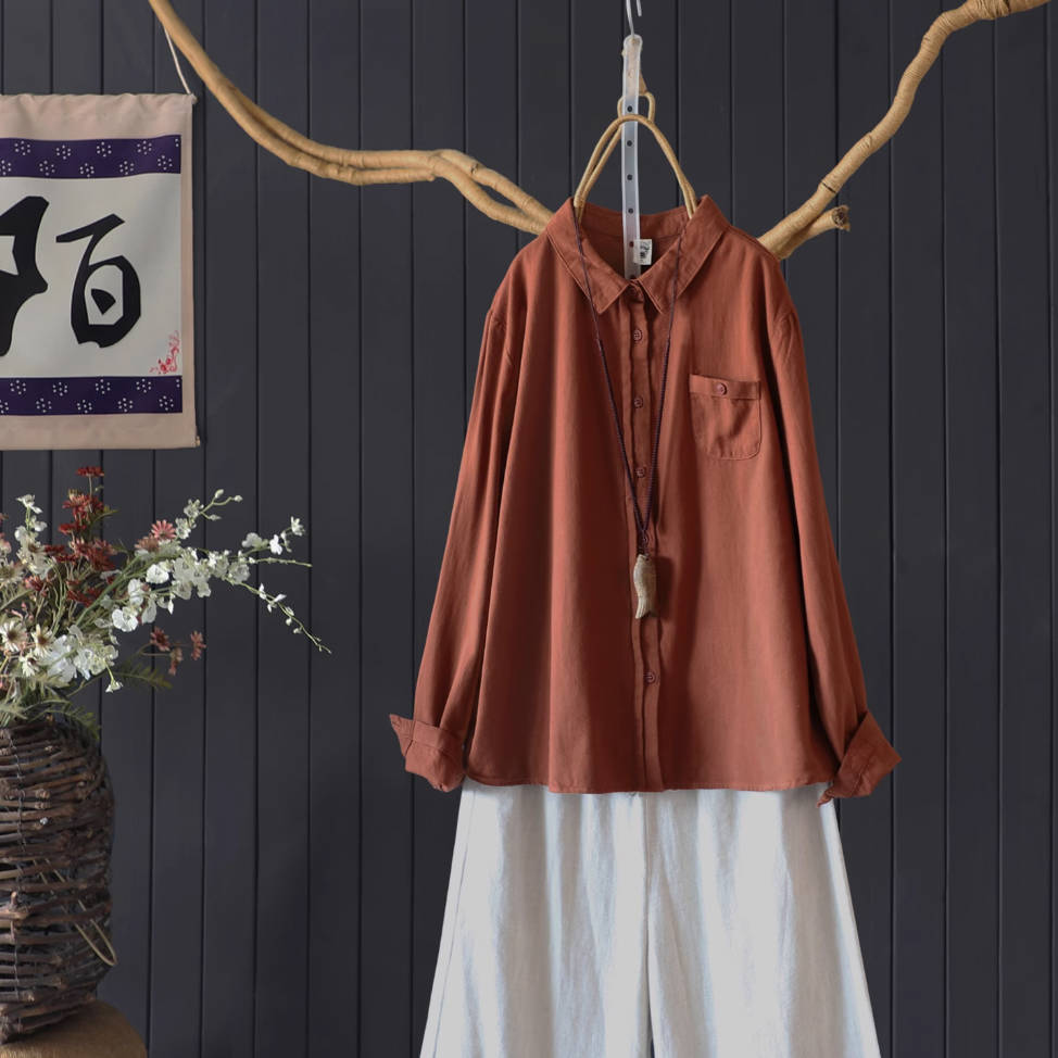 Autumn Cotton Solid Color Long Sleeves Loose Casual Shirt