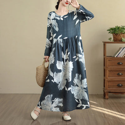 Retro Cotton Floral Print Vacation Round Neck Maxi Dress