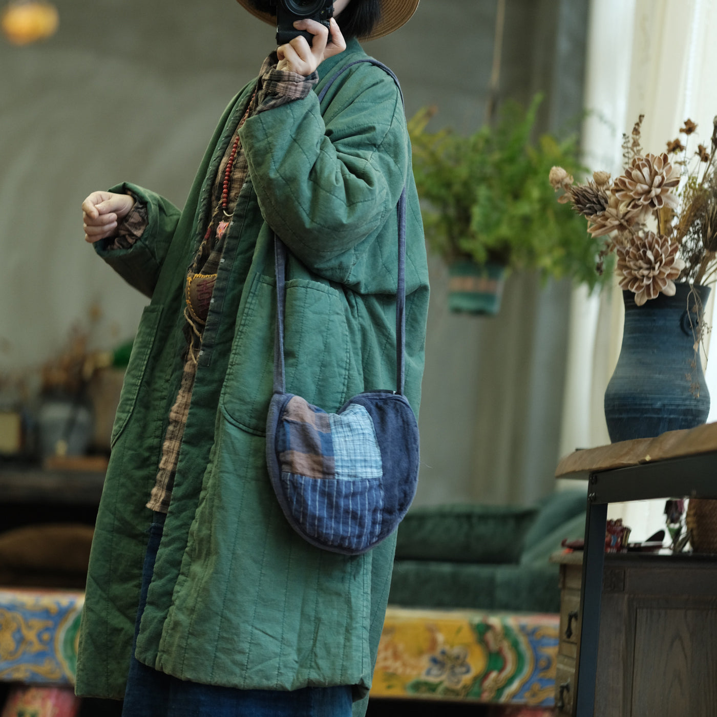 Autumn Winter Cotton Thick Fleece-Lined Patchwork Overcoat