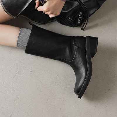 Genuine Leather Minimalist Washed Women Fur Lined Mid Calf Boots