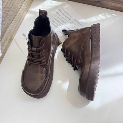 Fashion Leather Wide Round Toe Platform Lace-Up Ankle Boots