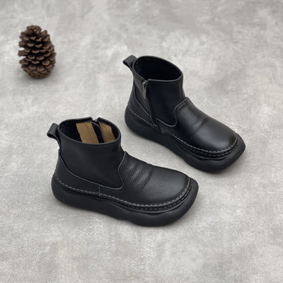 Retro Leather Casual Round Toe Platform Zipper Ankle Boots