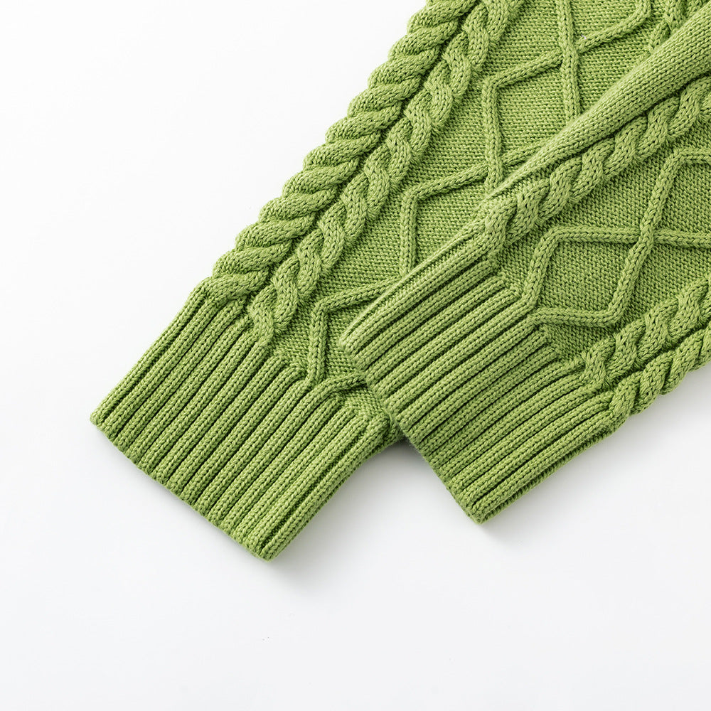 100% Cotton Solid Color Round Neck Cable-Knit Loose Sweater