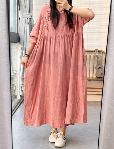 Retro Cotton Embroidered Plus Size Loose Hoodies Dress With Pockets