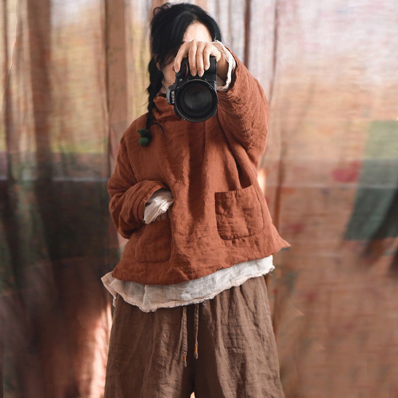 Women Warm Linen Loose High Neck Cotton-In Pullovers