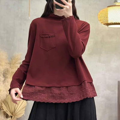 Autumn Retro Solid Color Pocket Lace Patchwork Pullover
