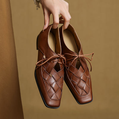 Elegant Leather Woven Square Toe Lace-Up Flat Shoes