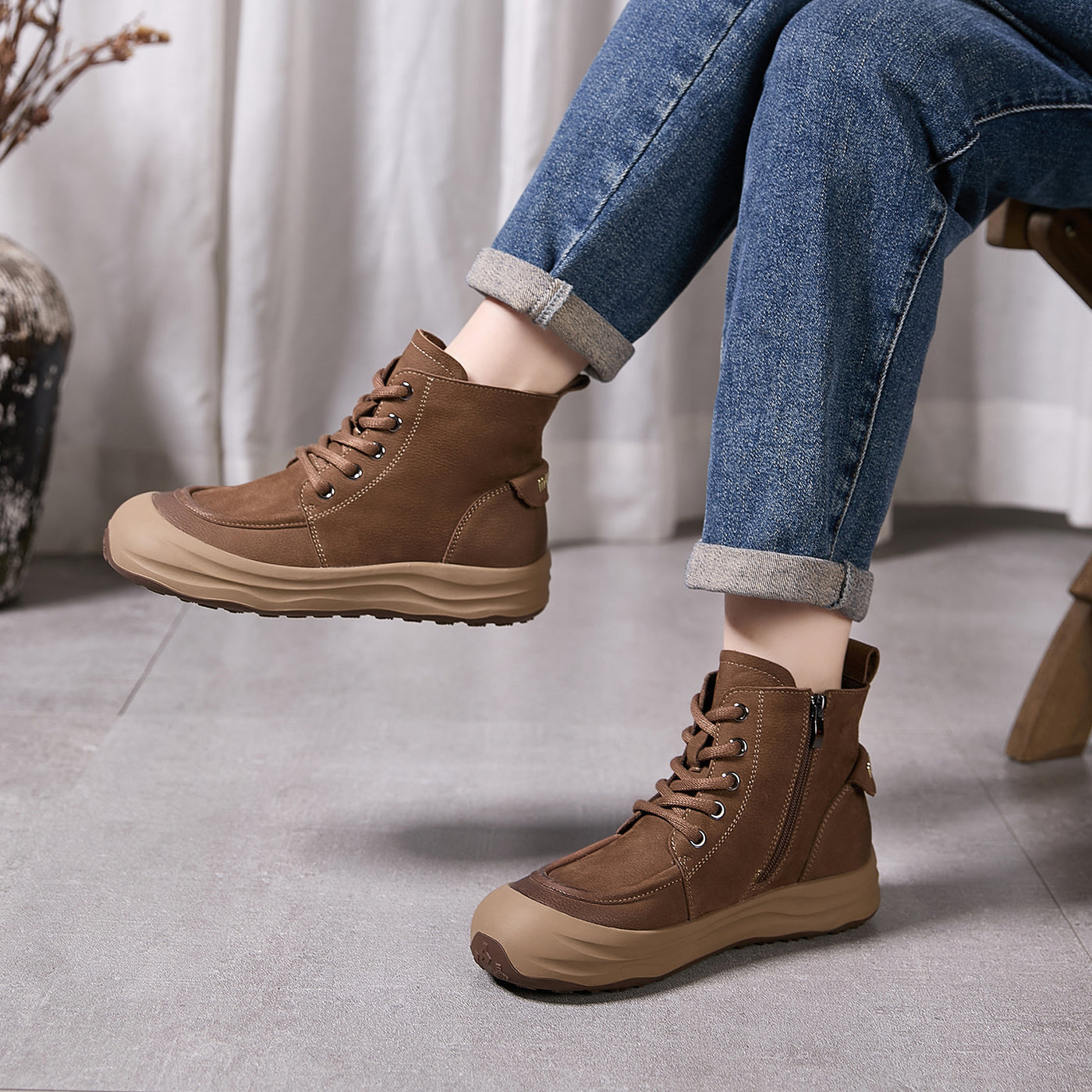 Autumn Top Leather Retro Patchwork Lace-Up Zipper Boots