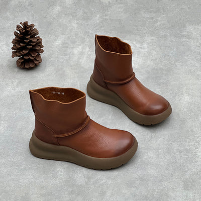 Retro Simple Leather Platform Solid Color Slip-On Ankle Boots