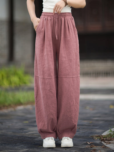 Solid Color Ramie Washed Versatile Elastic Waist Harem Pants