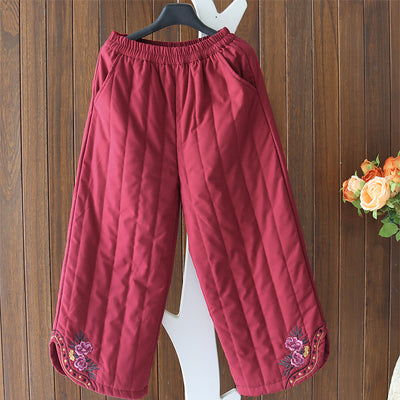 Women Winter Quilted Embroidered Warm Cotton Linen Straight-Leg Pants