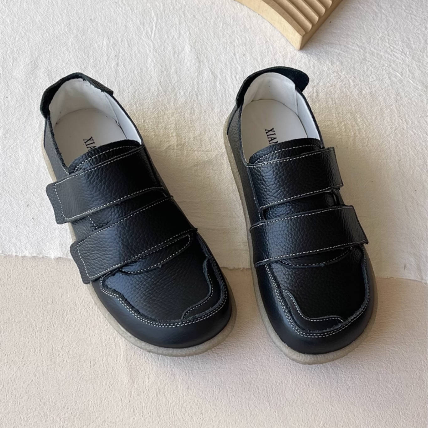 Retro Leather Round Toe Velcro Soft Flat Sole Slip-On Shoes