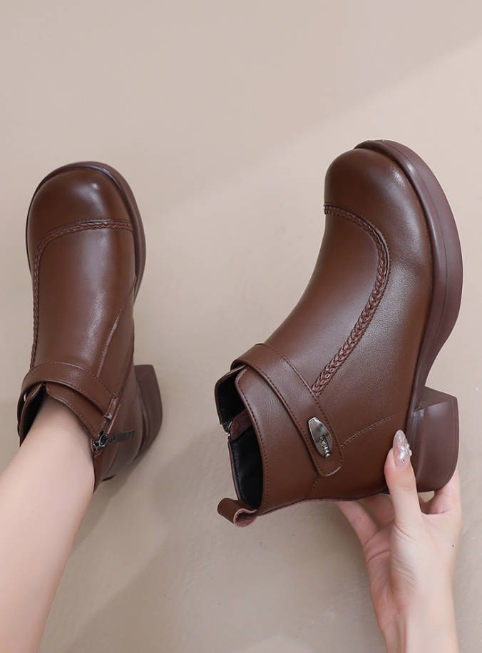 Genuine Leather Versatile Chunky Soft Sole Ankle Boots