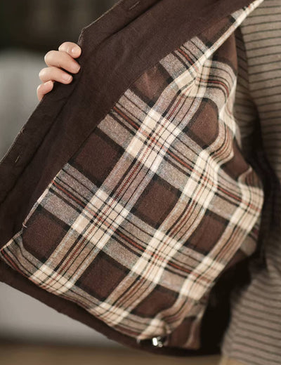 100% Linen Round Neck Single-Breasted Plaid Fleece-Lined Coat