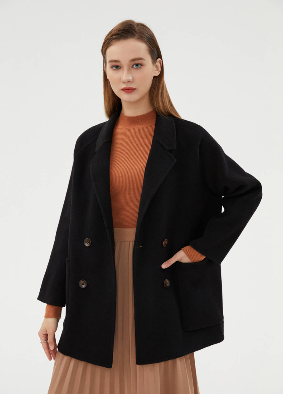 Autumn Winter Warm Lapel Loose Double-Faced Cashmere Coat