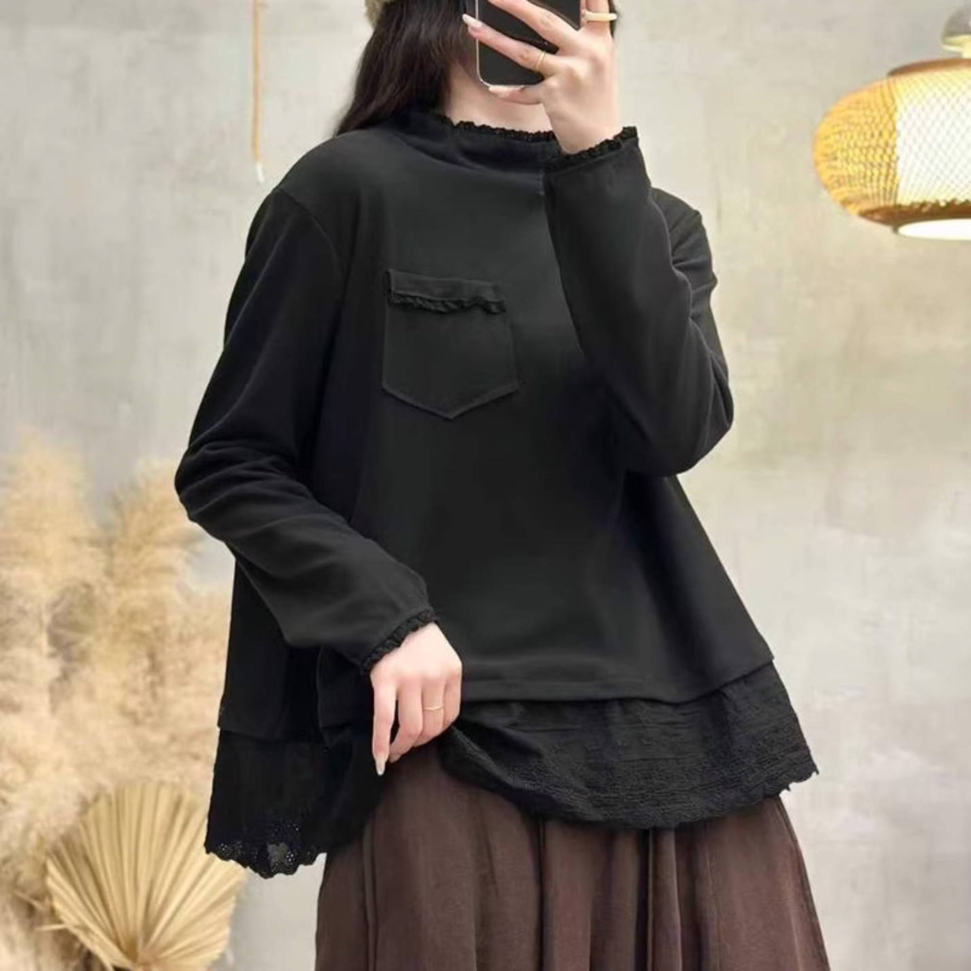 Autumn Retro Solid Color Pocket Lace Patchwork Pullover