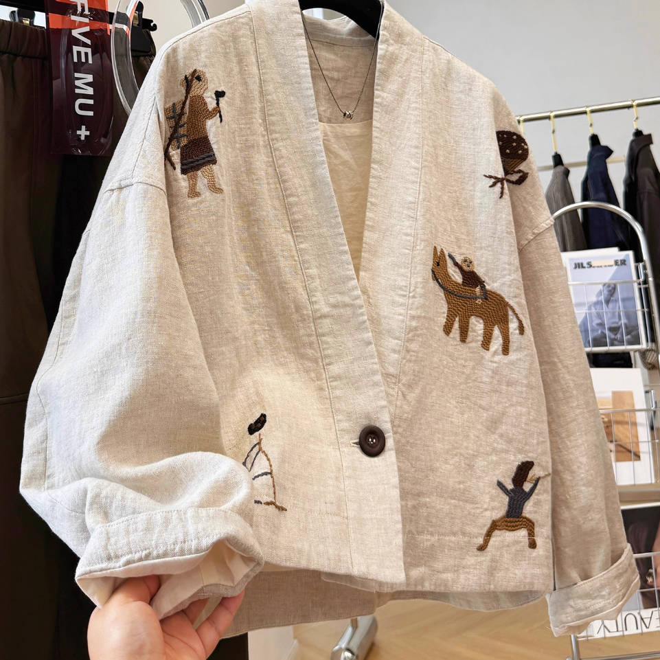 Autumn Linen Embroidered V-Neck Loose Casual Cute Coat