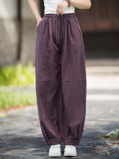 Solid Color Ramie Washed Versatile Elastic Waist Harem Pants
