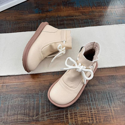 Women Retro Leather Round Toe Lace-Up Zipper Ankle Boots