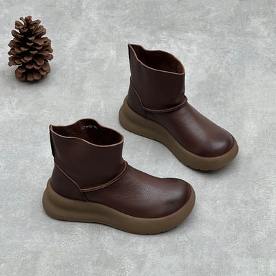 Retro Simple Leather Platform Solid Color Slip-On Ankle Boots