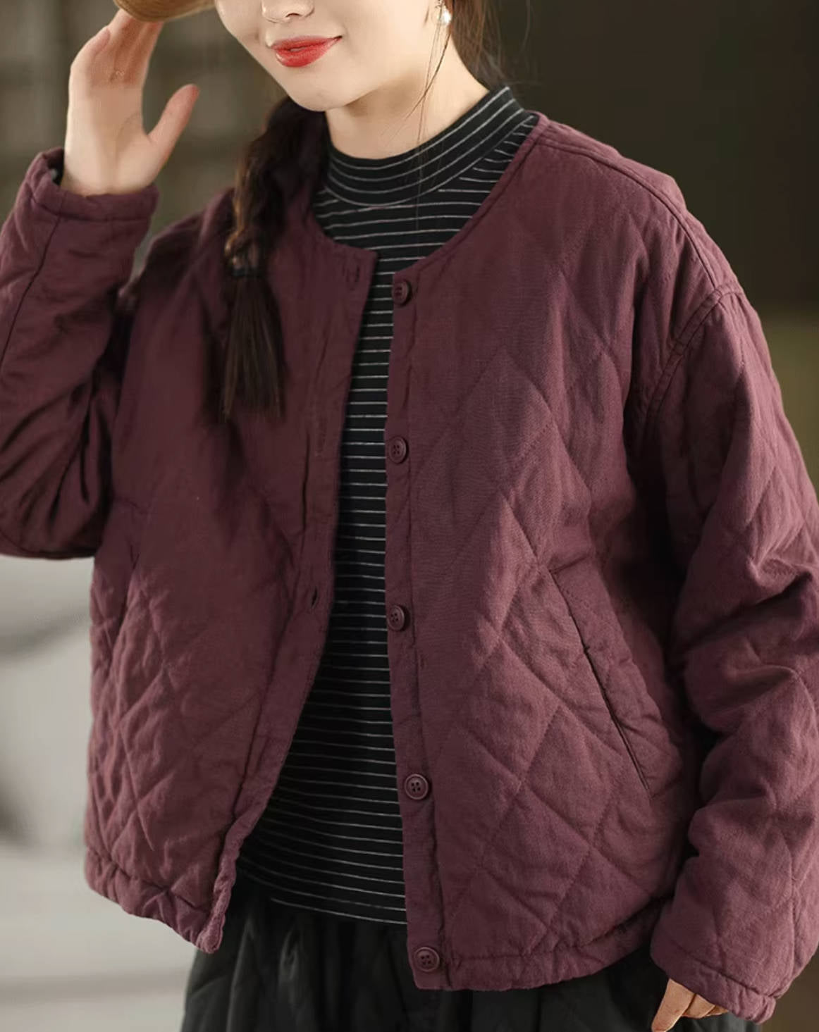 100% Linen Round Neck Single-Breasted Plaid Fleece-Lined Coat