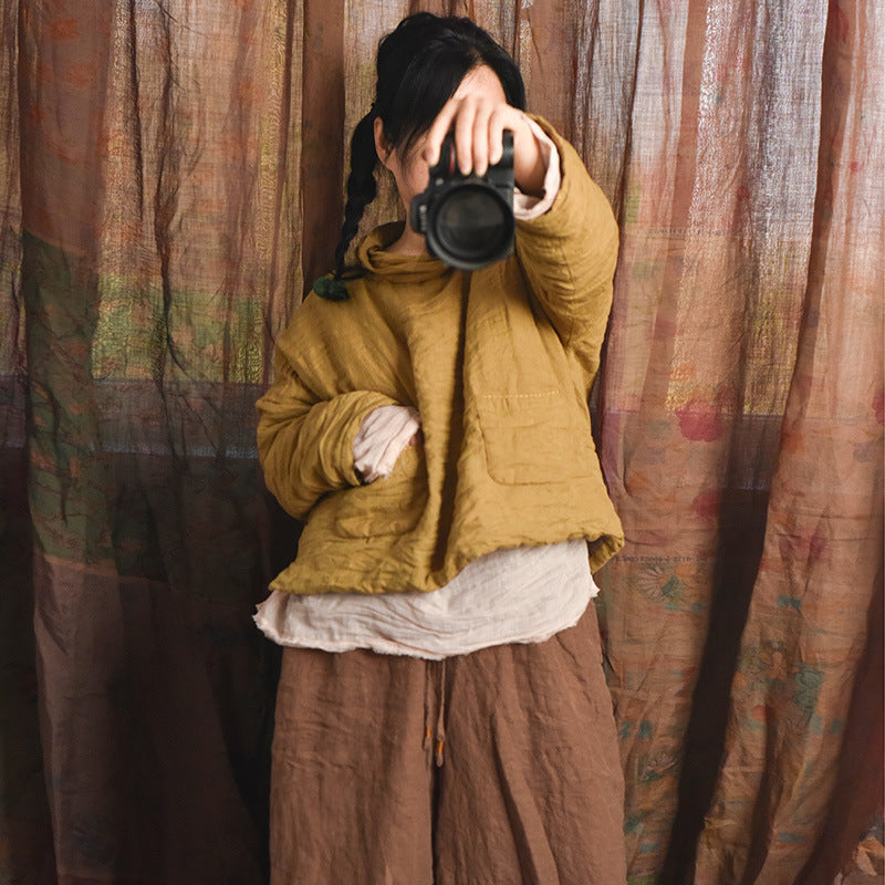 Women Warm Linen Loose High Neck Cotton-In Pullovers