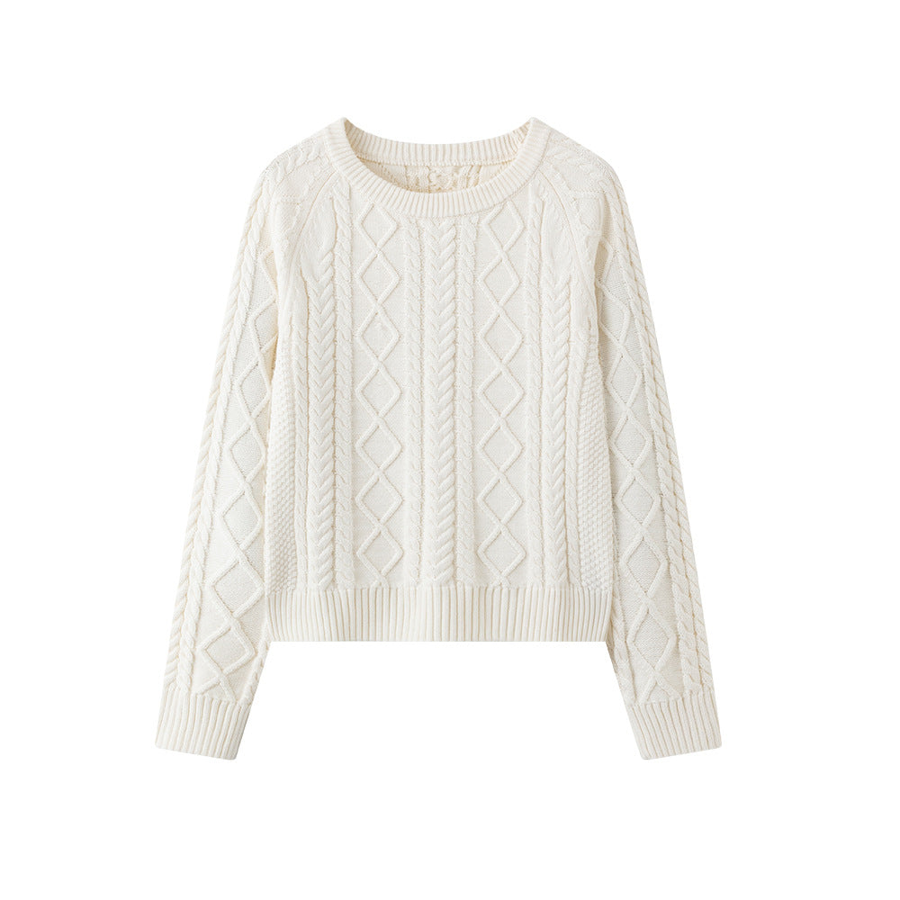 100% Cotton Solid Color Round Neck Cable-Knit Loose Sweater