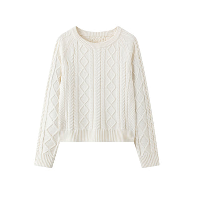 100% Cotton Solid Color Round Neck Cable-Knit Loose Sweater