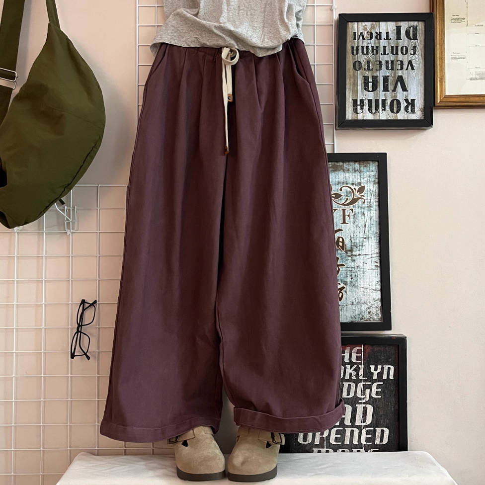Casual Cotton Washed Loose-Fitting Lace-Up Solid Color Pants