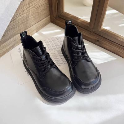 Fashion Leather Wide Round Toe Platform Lace-Up Ankle Boots