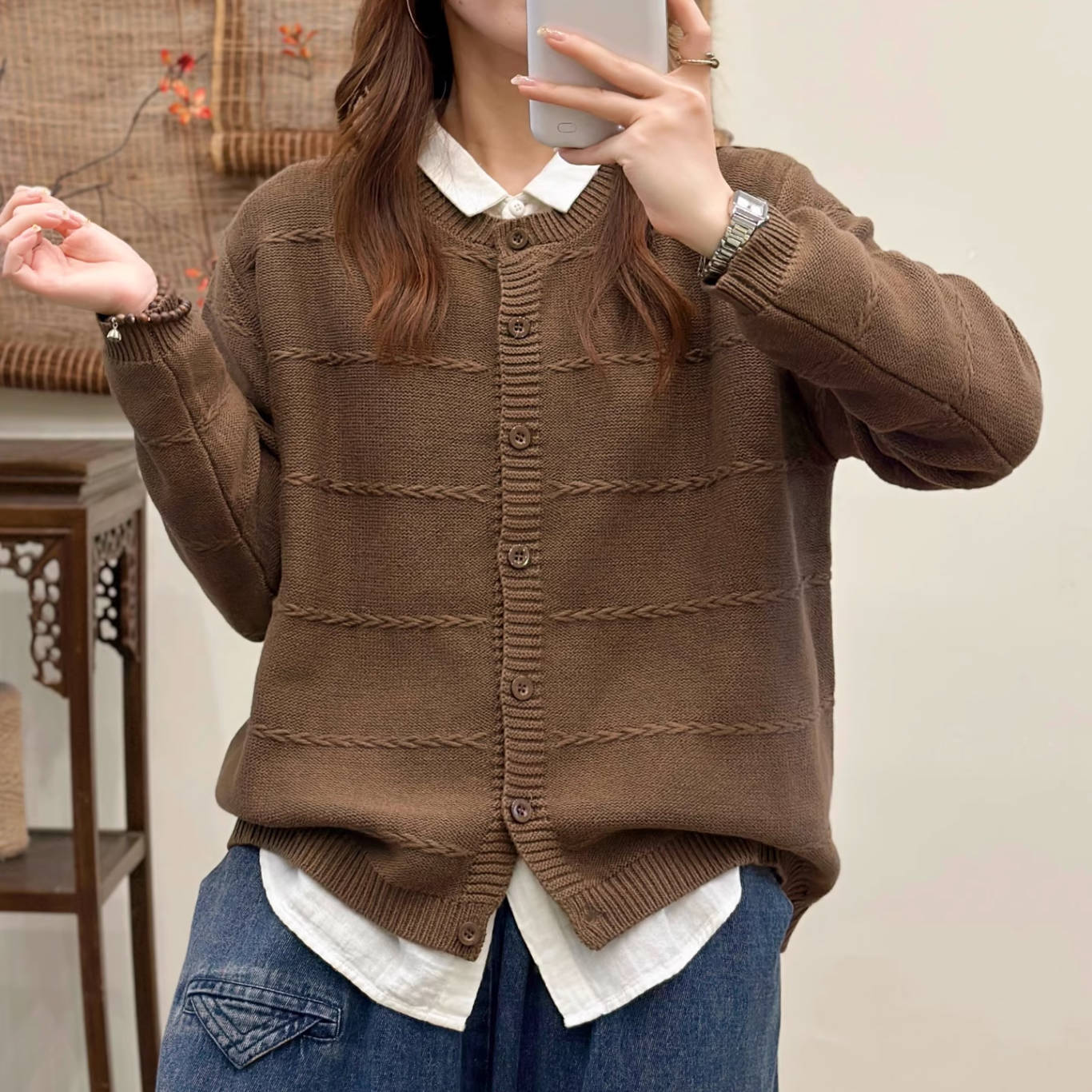 Cotton Warm Long Sleeves Casual Round Neck Cardigans